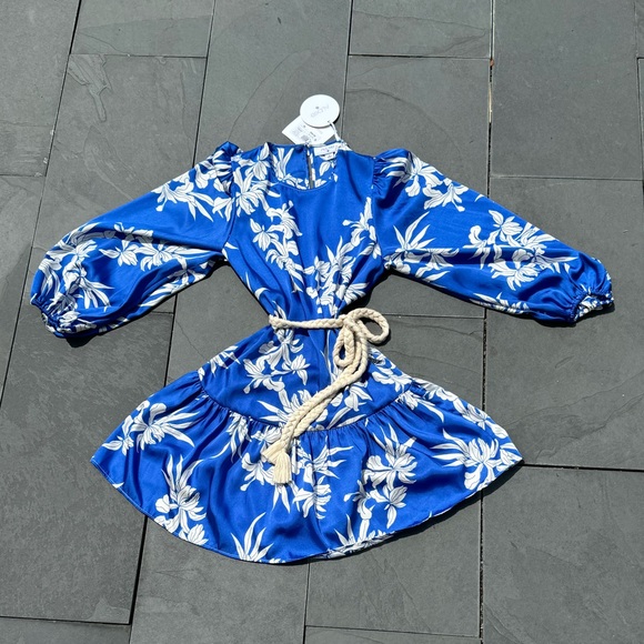 NWT ALEXIS Silky Blue Mini Dress Floral Print Long Balloon Sleeves Rope Tie Belt - Picture 2 of 4